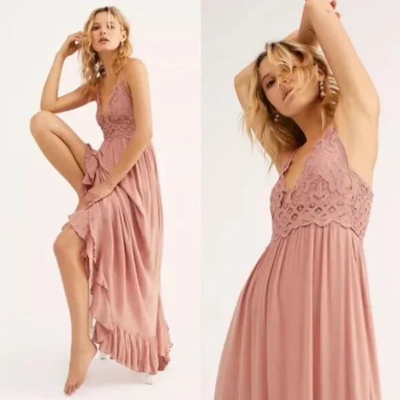 Free People One Adella Lace Slip Maxi Dress Rose Pink Womens Size Small - Picture 16 of 16